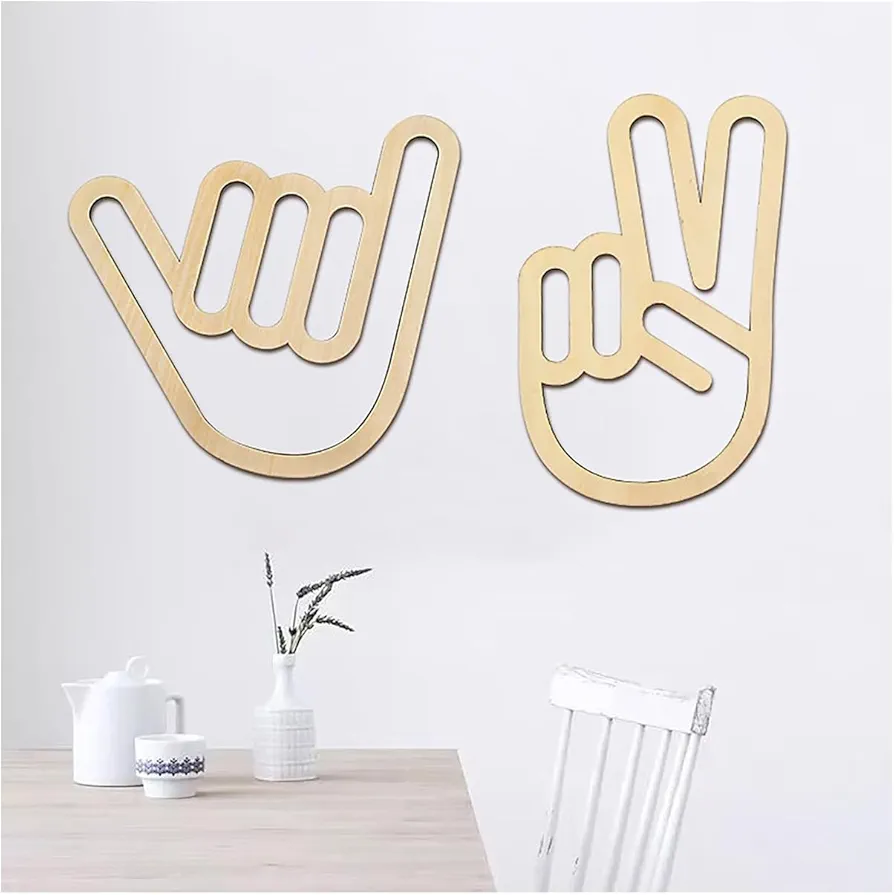 2 Pcs Shaka & Victory Wooden Wall Sign Hang Loose Sign Hawaii Aloha Surfer Hand Sign Surf Wall Decor for Home Living Room Kitchen Bathroom Bedroom Hand shape Finger Nursery Room Decoration