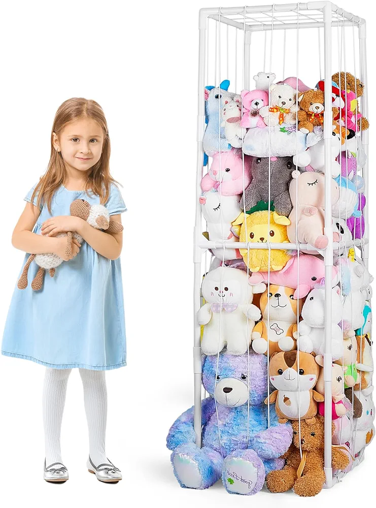 FIOBEE Stuffed Animals Zoo Storage Stuffed Animals Holder Organizer Large Toy Storage Shelf with Elastic Band Stuffed Animals Cage for Nursery Playroom Bedroom Room Furniture, White, L