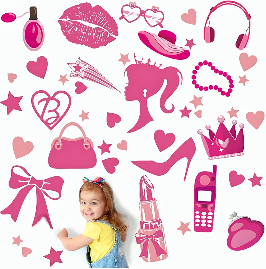 45 Pcs Pink Princess Doll Wall Decal Stickers, Pink Girl Room Decor for Girls Bedroom, Removable Pink Wall Decor, Pink Girls Decorations Decals Stick Birthday Party Decorations