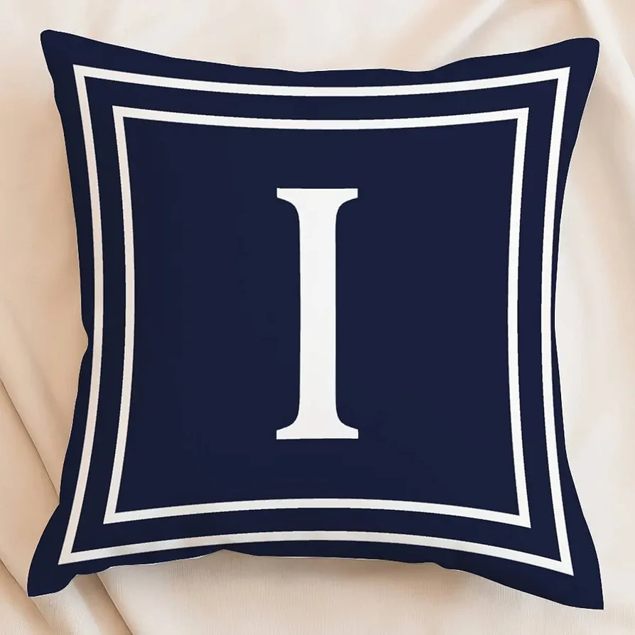 Geometric Pattern Monogram Throw Pillow Covers 18x18 Inch,Letter I Navy Blue Monogram Pillow Case with Zipper, Minimalist A-Z 26 Letters Decorative Cushion Covers for Couch, Sofa, Bed, Living Room