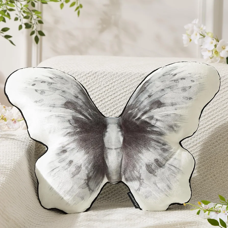 Phantoscope 3D Butterfly Shaped Throw Pillow, Glitter Sparkling Velvet Butterfly Stuffed Cushion Shiny Spring Decorative Animal Pillow for Couch Living Room Bed, Black, 14.5 x 20 inches