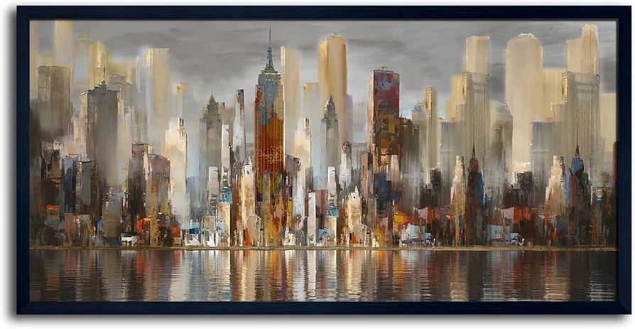 Framed Wall Art Large Cityscape New York Wall Decor Canvas Prints Abstract Brown City Theme Paintings Modern Canvas Wall Art for Living Room Bedroom Big Size 29x58 Black Framed