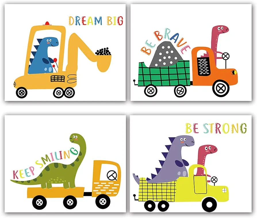 Funny Colorful Cute Dinosaur Truck Inspirational Quotes Art Print Humorous Quotes Painting, Dinosaur Wall Art Canvas Poster for Boy Room Nursery Classroom Playroom Decor, Set of 4 (8”X10”), No Frame