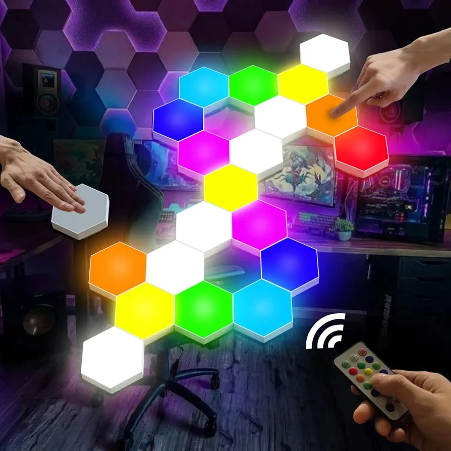 Hexagon Lights, Smart LED Wall Lights with Remote, 13 Colors Touch-Sensitive DIY Modular Assembled RGB Wall Panels, Hex Light with USB-Power for Autism, Game Room Decor, Party (6-Pack)