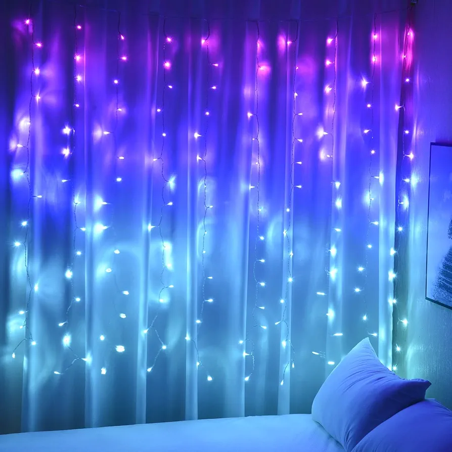 Curtain Lights Pink Blue Purple Fairy Lights for Bedroom Wall Hanging Christmas Lights for Teen Girls Unicorn Mermaid Under The Sea Ocean Nautical Beach Themed Room Decor (Purple Blue Ombre)