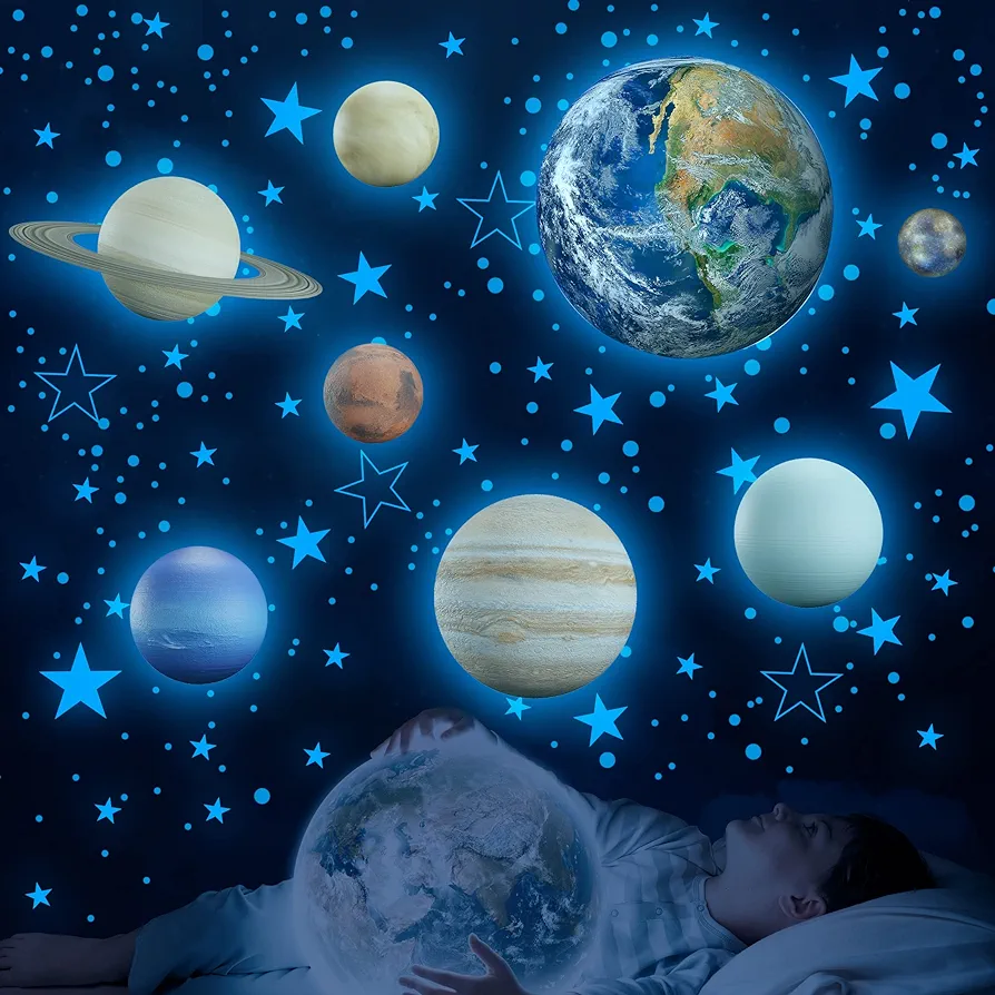 Glow in The Dark Stars Solar System Wall Decals, The Earth Wall Stickers for Bedroom, Baby Nursery Planets Sticker Decoration for Ceiling (Blue)