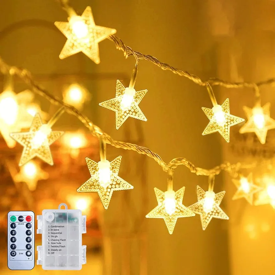 Brightown Star String Lights Battery Operated - 17 ft 50 LED Star Fairy String Lights with Remote and Timer, 8 Modes Waterproof for Bedroom Tent Loft Bed Patio Party Wedding Decor, Warm White