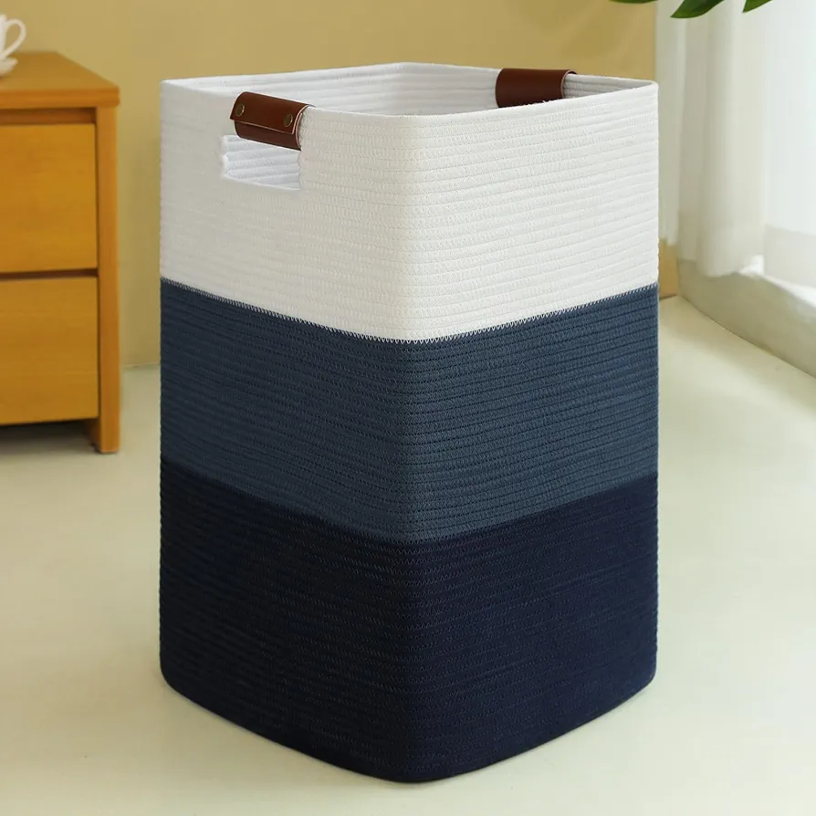 Laundry Hamper Extra Large Laundry Basket, Woven Blanket Basket, Cotton Woven Storage Basket Hamper with Handles for Living Room, Large Basket Pillows, Blankets, Clothes-Gradient Blue