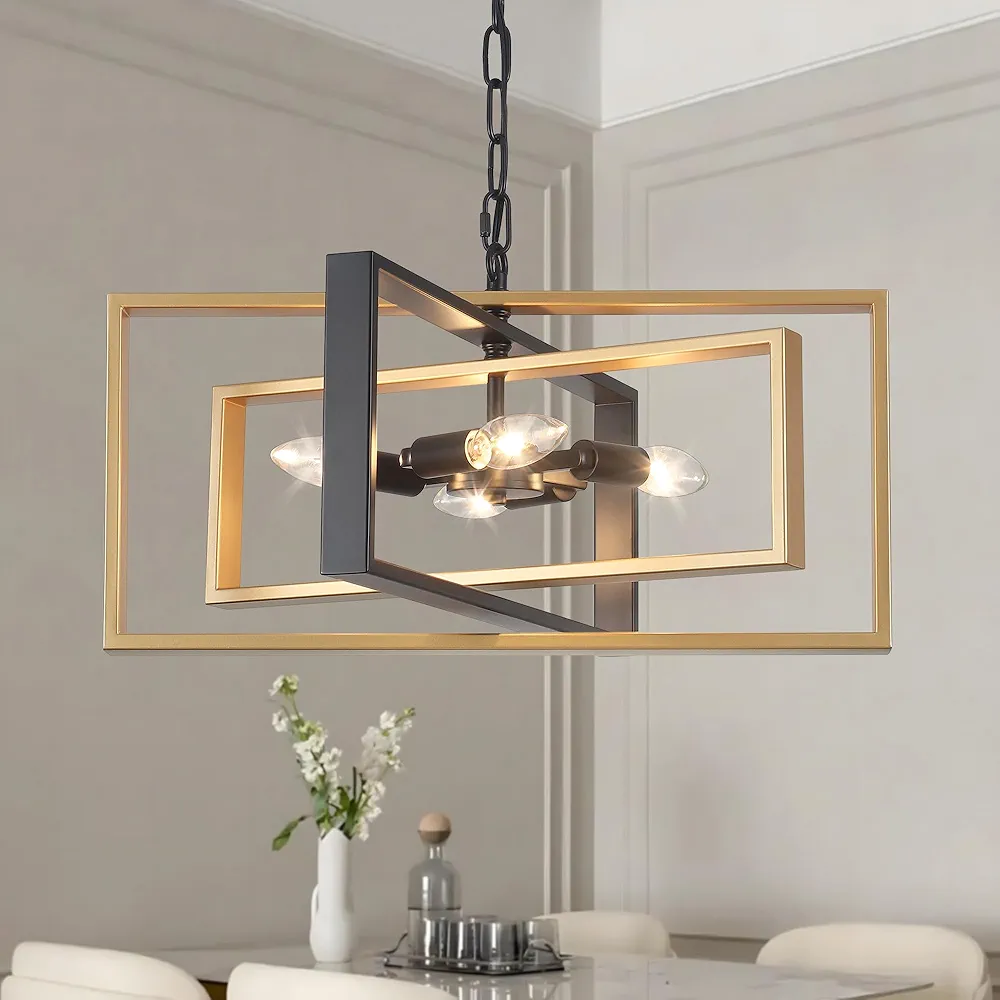 Modern Chandelier 4-Light, Black and Glod Farmhouse Light Fixture Cross Chandeliers for Dining Room Living Kitchen Island Bedroom Living,Rectangular Metal Industrial Hanging