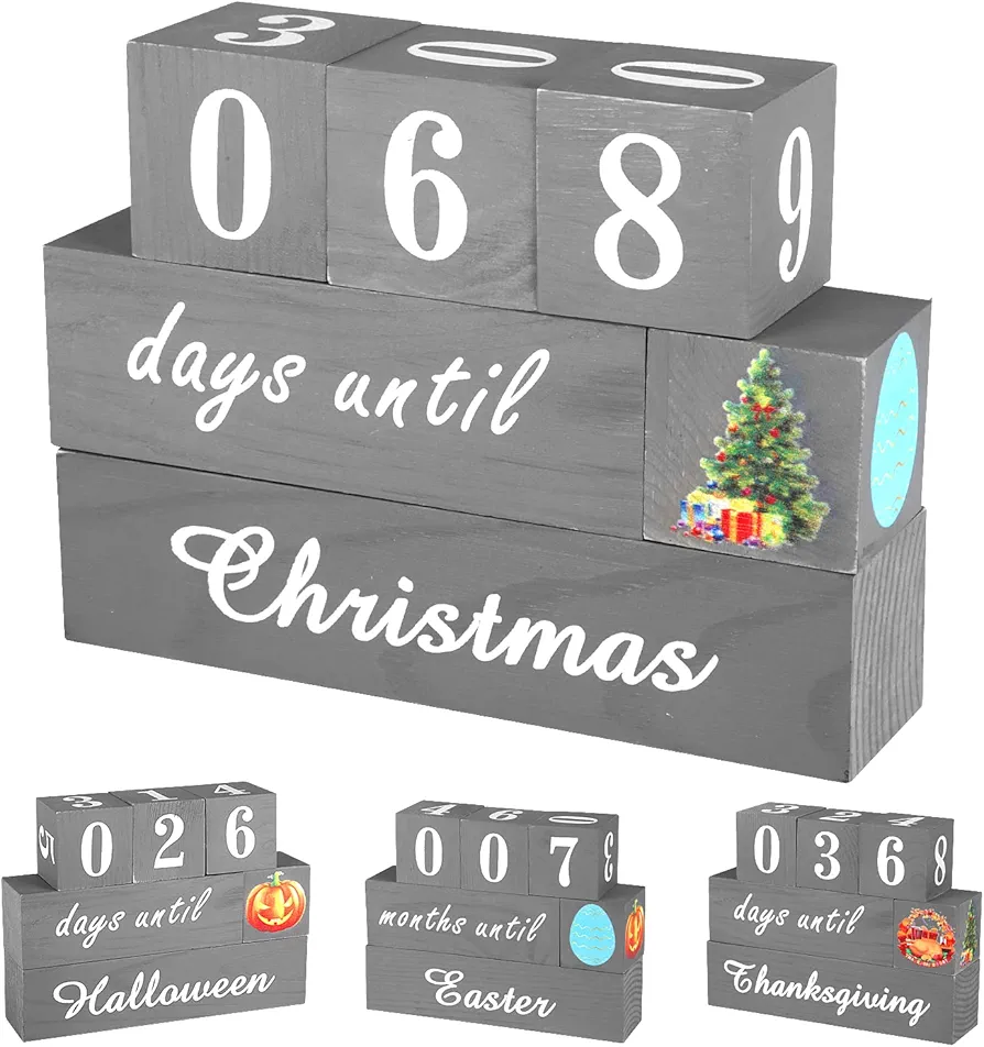 Christmas Countdown Blocks, Wooden Christmas Advent Calendar 2024, Reversible Countdown Calendar to Easter, Christmas, Halloween, Thanksgiving Decor, Home Living Room Party Office Desk Decoration Gift