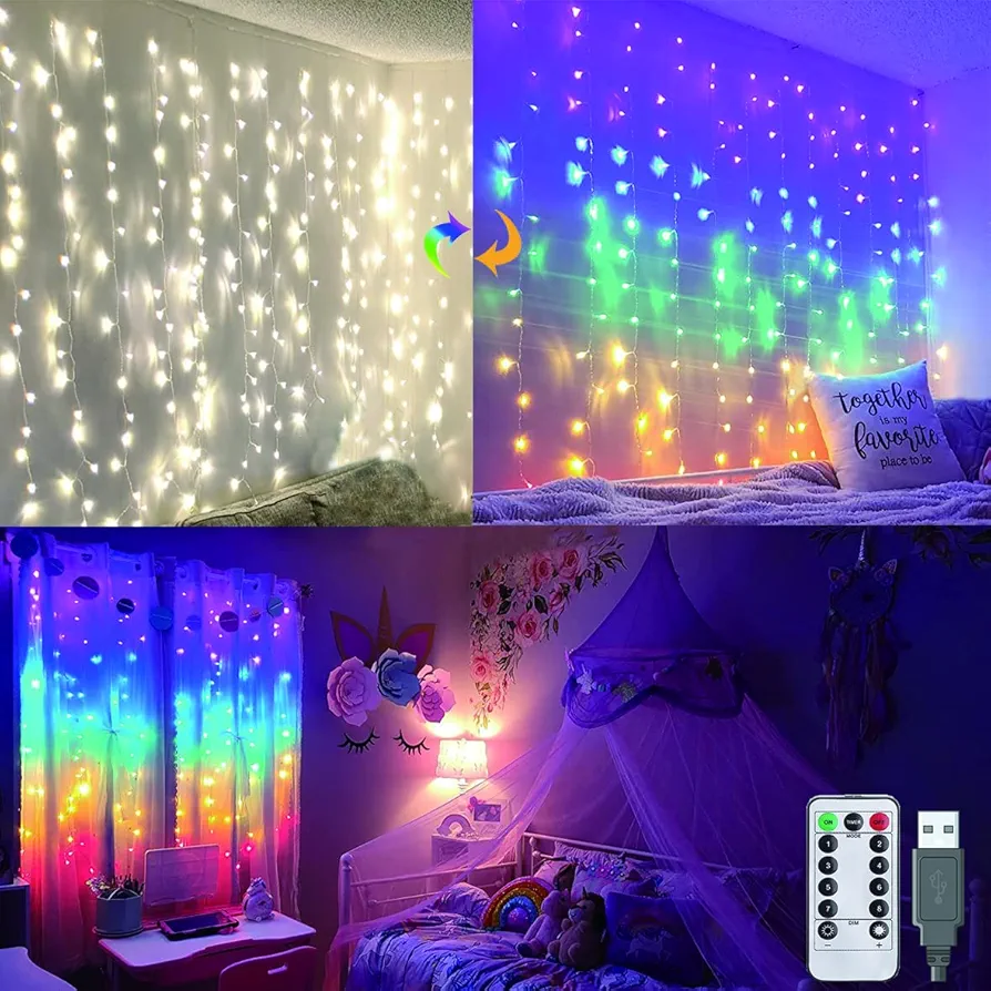 BECCOBEAT Rainbow Curtain Lights for Bedroom Fairy Lights Curtain String Lights Led String Lights for Girls Unicorn Room Teen Kids Birthday Christmas Window Decor (icicle)