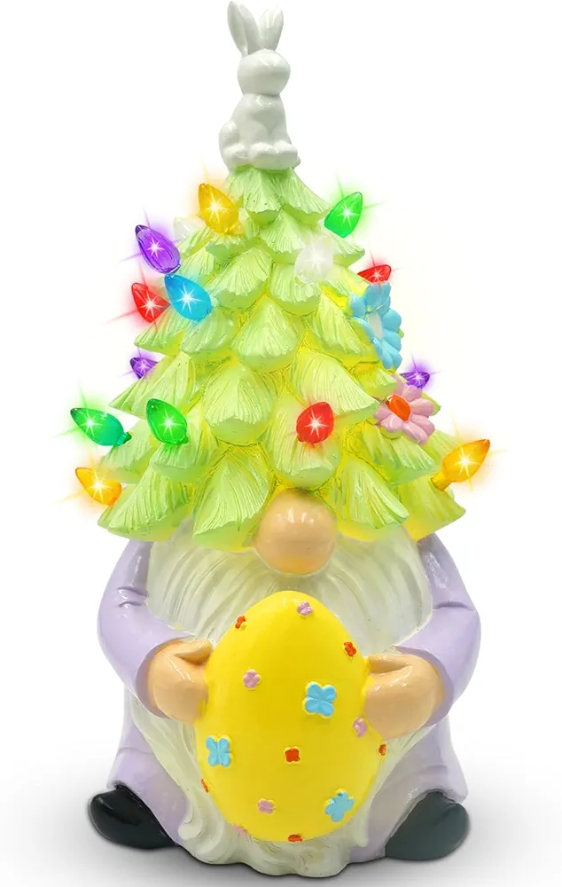 Large Easter Decorations Easter Gnome Lighted 10.23” Easter Gnomes Resin Lighted Up Tree with Multicolored LED Battery Operated for Tabletop Home Room Table Fireplace Office Easter Decor