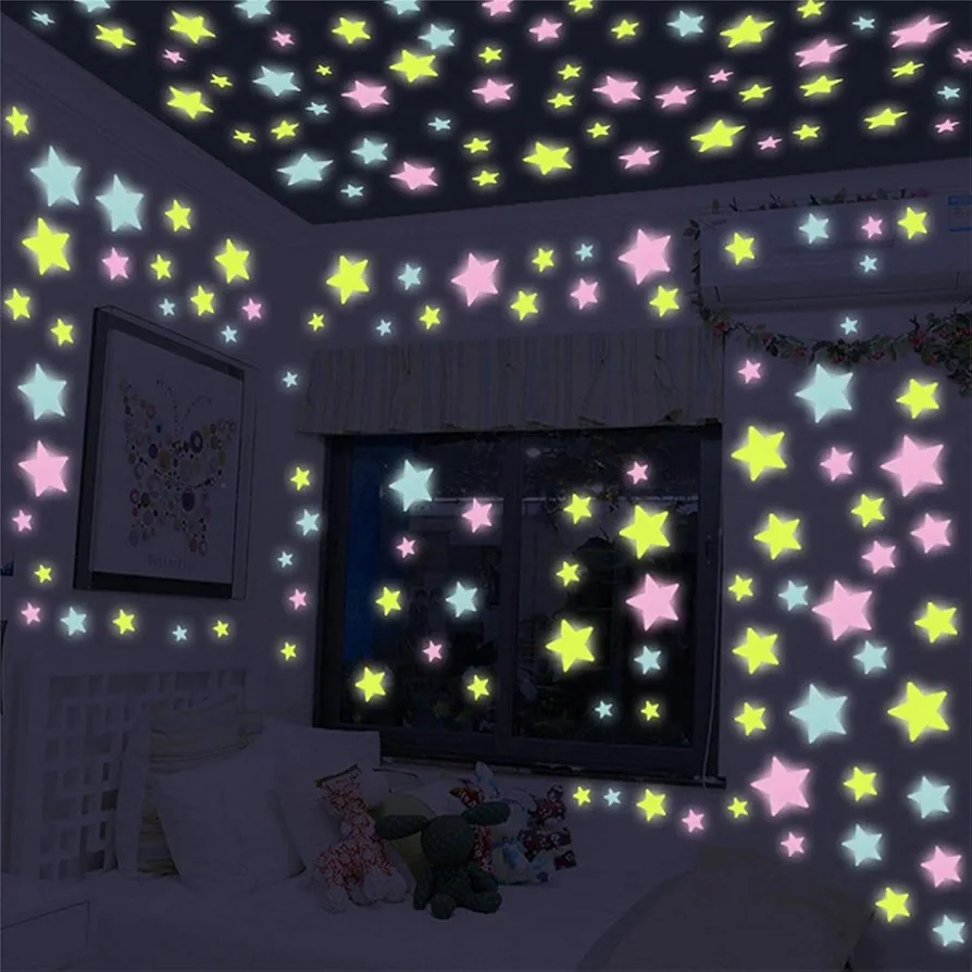 50 Pcs Colorful Glow in The Dark Luminous Stars Fluorescent Noctilucent Plastic Wall Stickers Murals Decals Kids' and Baby Wall Stickers for Home Art Decor Kids Bedroom Room Decorations, Multicolor