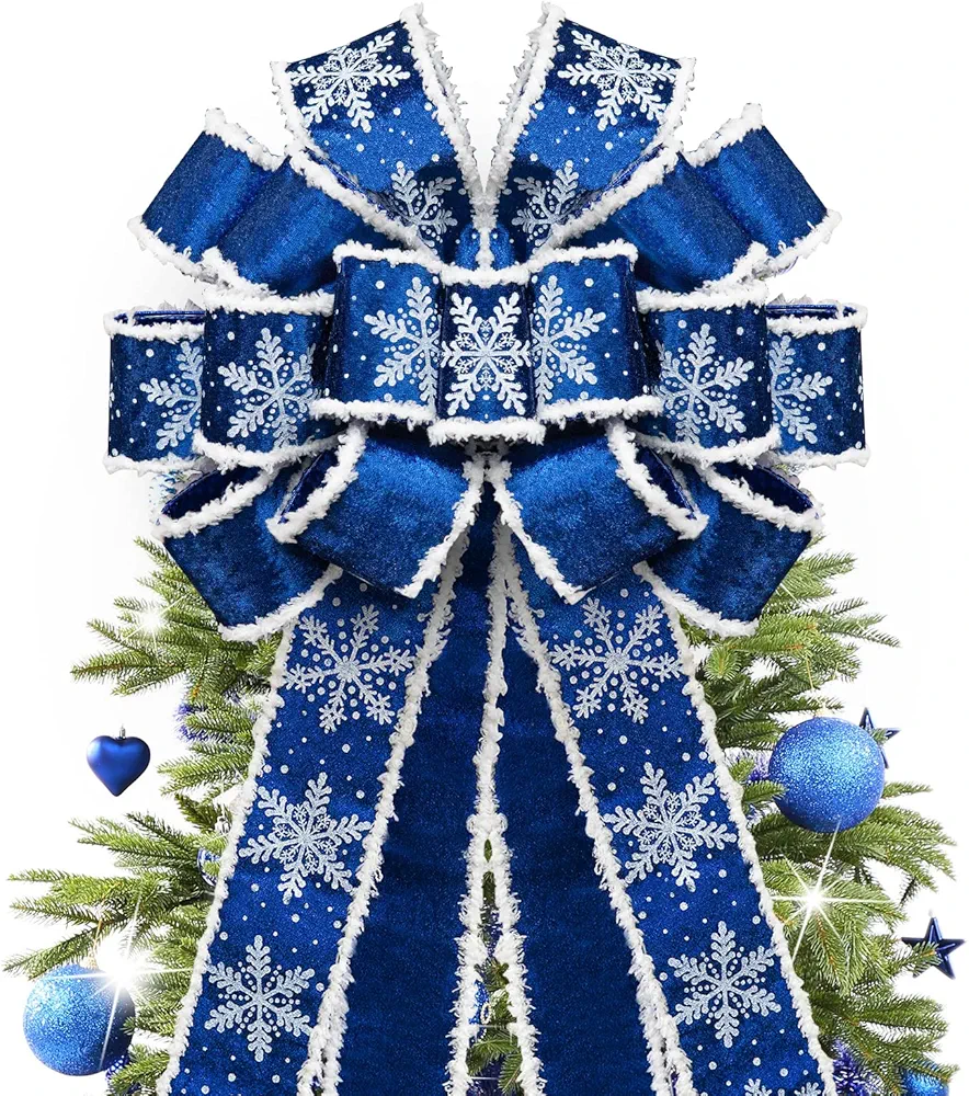 Christmas Tree Topper Bow,48''x 13'' Large Velvet Christmas Wreath Bows Xmas Ornaments with Long Wired Edge Ribbon for Farmhouse Thanksgiving,Birthday,Living Room Christmas Decoration(Blue)