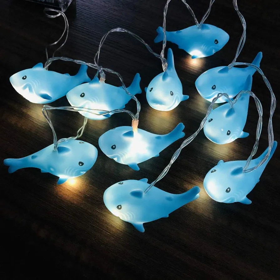 Blue Shark Decorative String Lights Battery Operated Shark Night Lamp for Camping Kids Birthday Bedroom Decoration (1.65m/10led, Shark)