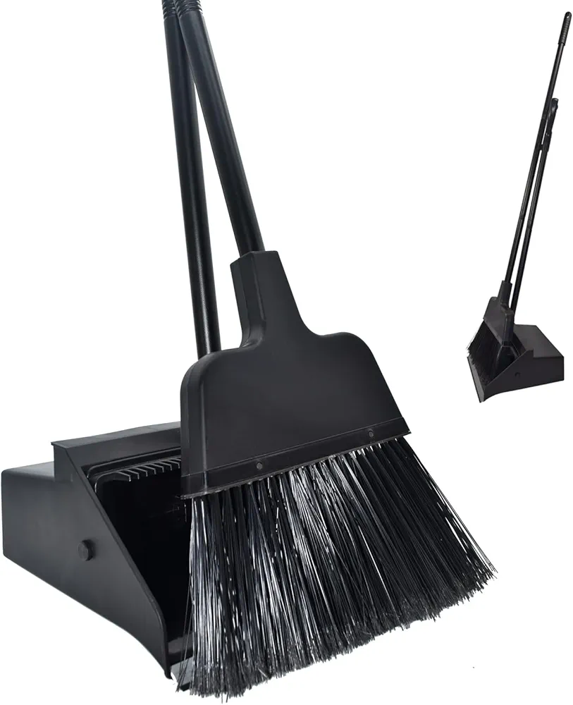 Broom and Dustpan Combo with Long Handle-Stand Upright Broom and Dustpan Set, Lobby Dust Pan with Wheel Sweep Set for Outdoor Garages Courtyard Sidewalks Decks Indoor Home Kitchen Room Office