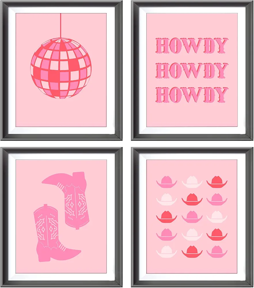 Hot Pink Howdy Western Cowgirl Boots Hats Bull Skull Disco Ball Poster Prints for Home Girls Room Dorm Decor,Preppy Decorations Prints Wall Art Unframed 4pcs 8x10 Inches,Teen Girls Cowgirls Gifts