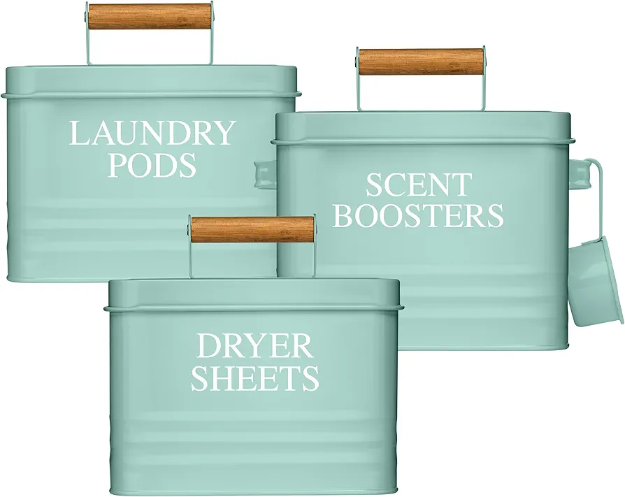 Calindiana Modern Farmhouse Laundry Scent Boosters Container, Dryer Sheets Holder and Laundry Pods Holder Bundle for Laundry Room Organization and Storage, Laundry Room Decor