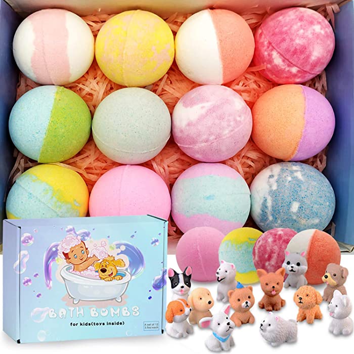 3.5 oz XL Bath Bombs for Kids with Puppy Toys Inside Kids Bath Bombs Organic Bubble Bath Fizzies Colorful Bomb 12 Pcs Set Birthday/Christmas Surprise Gift for Girls & Boys