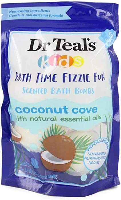 Dr Teal's Ultra Moisturizing Bath Bombs by Dr Teal's Five (5) 1.6 oz Kids Bath Time Fizzie Fun Scented Bath Bombs Coconut Cove with Natural Essential Oils (Unisex) 1.6 oz Men