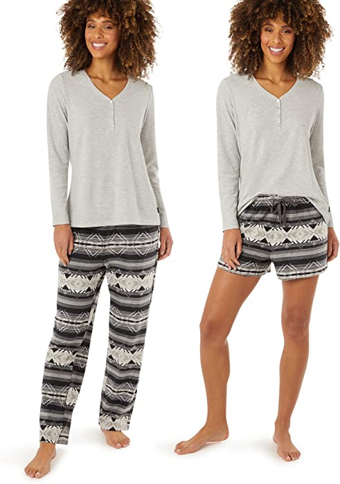 Eddie Bauer 3-Piece Waffle Knit Pajama Set for Women – Long Sleeve V-Neck Henley, Matching Print Pants & Shorts