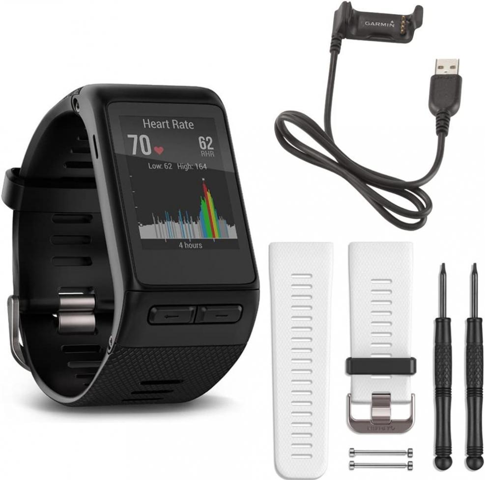 Garmin vivoactive HR GPS Smartwatch - Regular Fit (Black) White Band Deluxe Bundle Includes vivoactive HR Smartwatch, White Band and USB Charging Cable