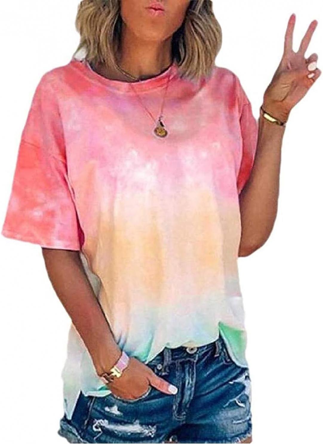 DASAYO Women Summer T-Shirts Tie Dye Casual Fashion Loose Gradient Tee Tops Comfy Cute Going Out Shirt Tee Aesthetic Clothes