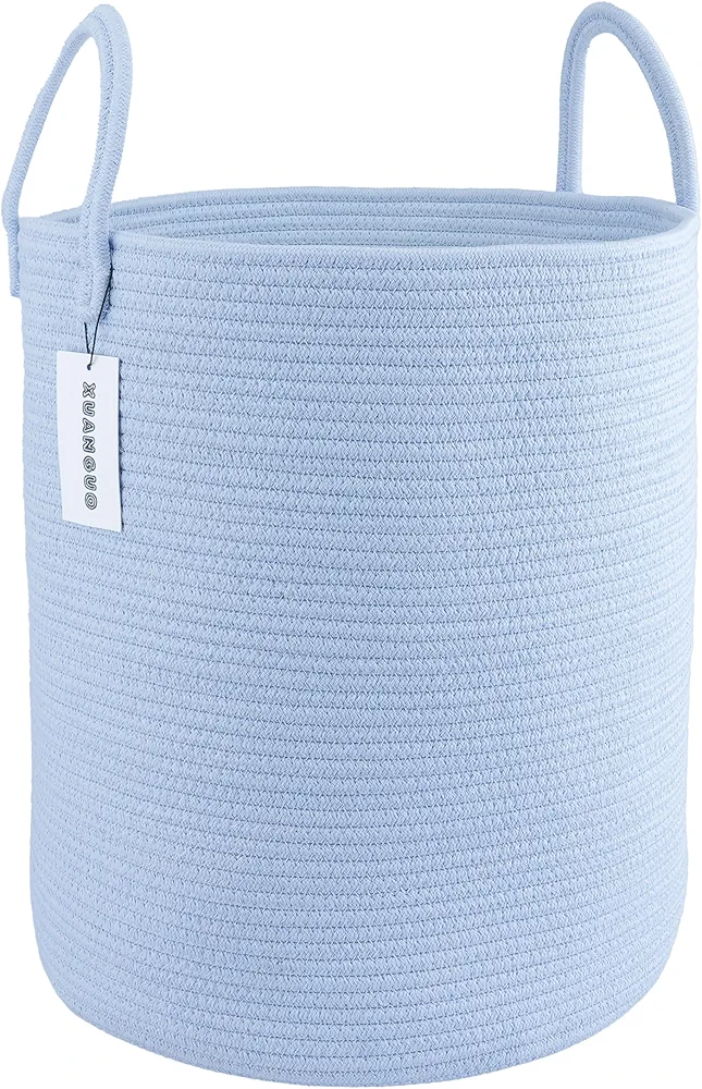 Cotton Rope Laundry Basket Hamper for Clothes Woven Storage Basket for Living Room Bedroom Boho Tall Rope Baskets for Blanket Toys Pillow Towels Baby Nursery Hamper Bin light blue