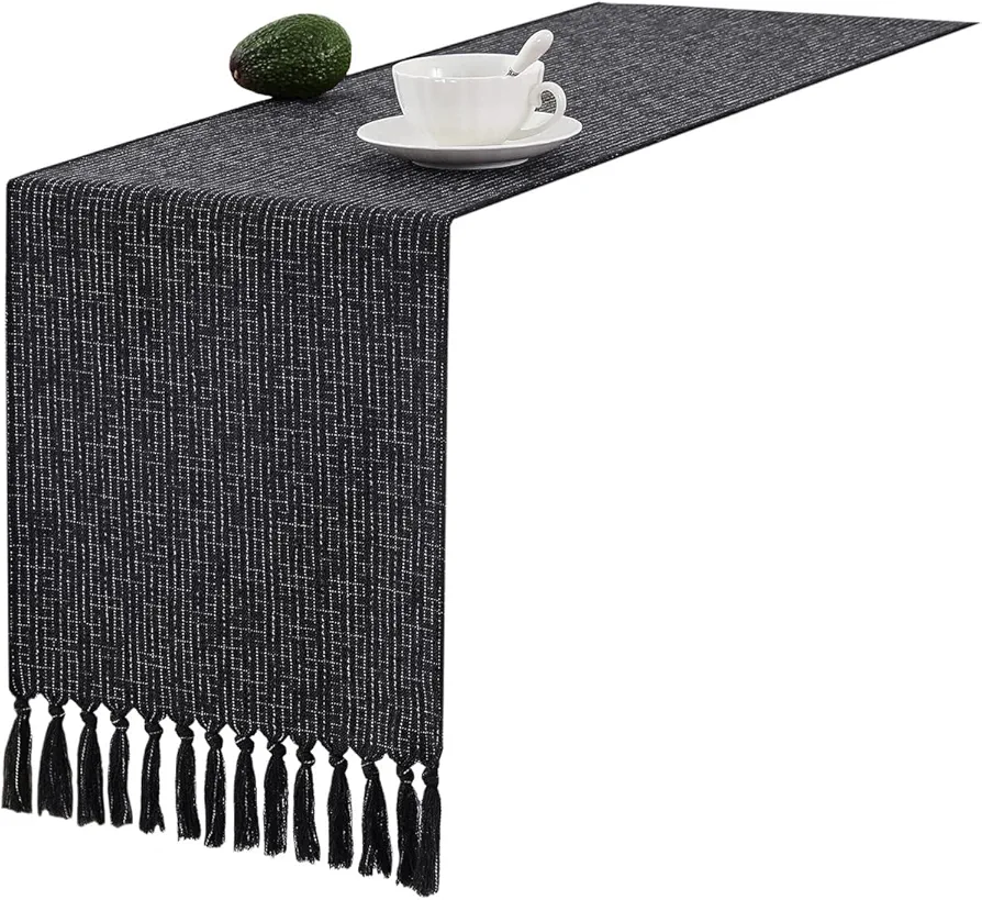 Rustic Farmhouse Style Table Runner, Boho Thick Burlap Linen Washable Table Runners 72 Inches Long for Dining Room Decorations, Dresser, Bedroom Decor and Holiday Party Centerpiece - Black