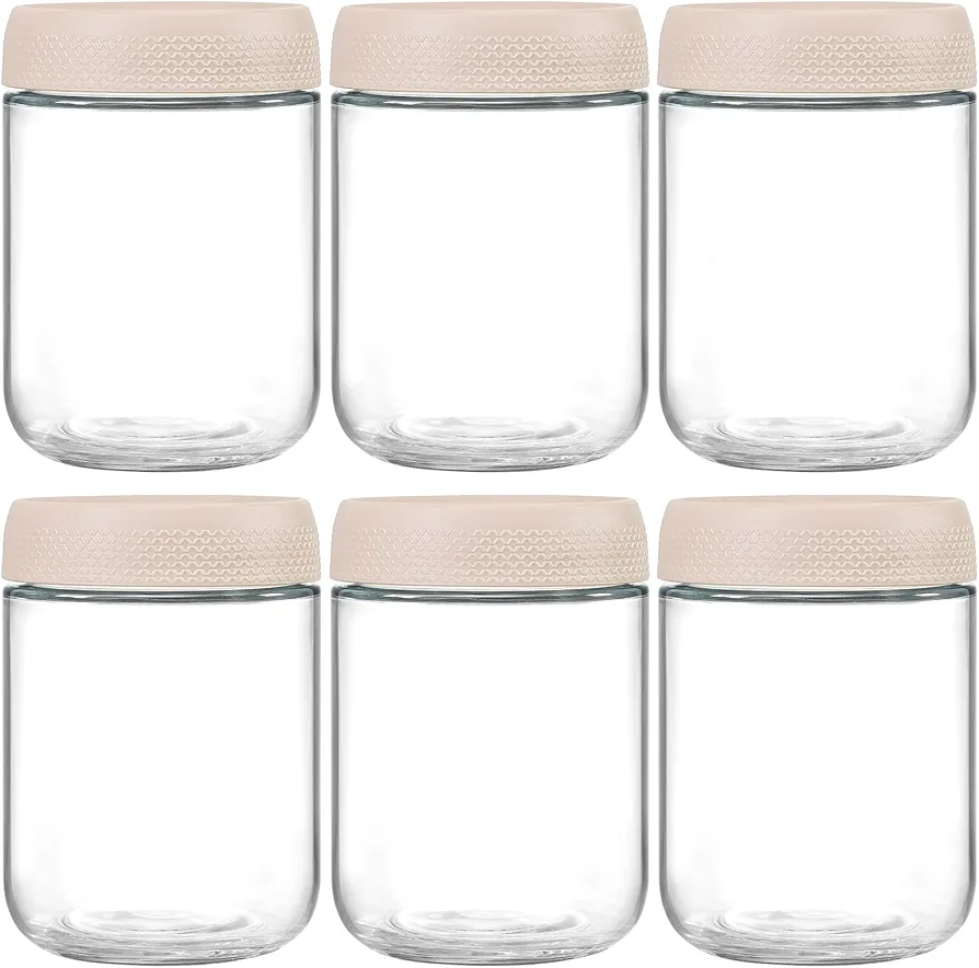 NETANY 6-pack 16oz Glass jars with Airtight Lids, Overnight Oats Containers with Lids, Wide mouth Mason Salad jars, Glass Food Storage Containers for Snacks Yogurt Spice Sugar-Beige