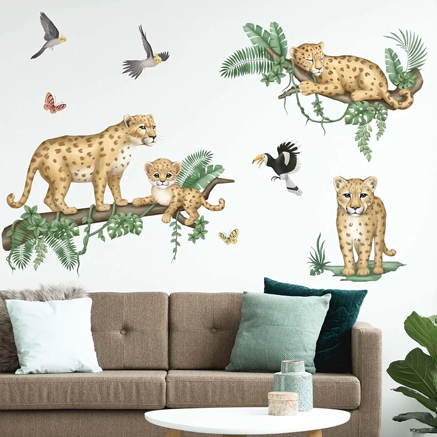 Jungle Animals Leopard Wall Decals - Safari Cheetah Wall Stickers - Baby Nursery Kids Room Daycare Playroom Wall Decor