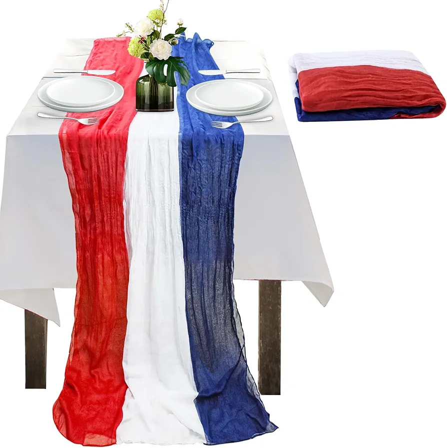 4th of July Cheesecloth Table Runner, Vintage Red White and Blue Table Runner for Memorial Day Labor Day Independence Day Veterans Day Patriotic Party Decoration for Dining Room Indoor Outdoor 118Inch