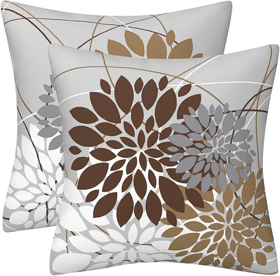 Brown Dahlia Pillow Cover 18x18 Inch Gray Coffee Colored Throw Pillow Covers Spring Summer Geometric Floral Line Cushion Cases for Sofa Bed Living Room, Set of 2