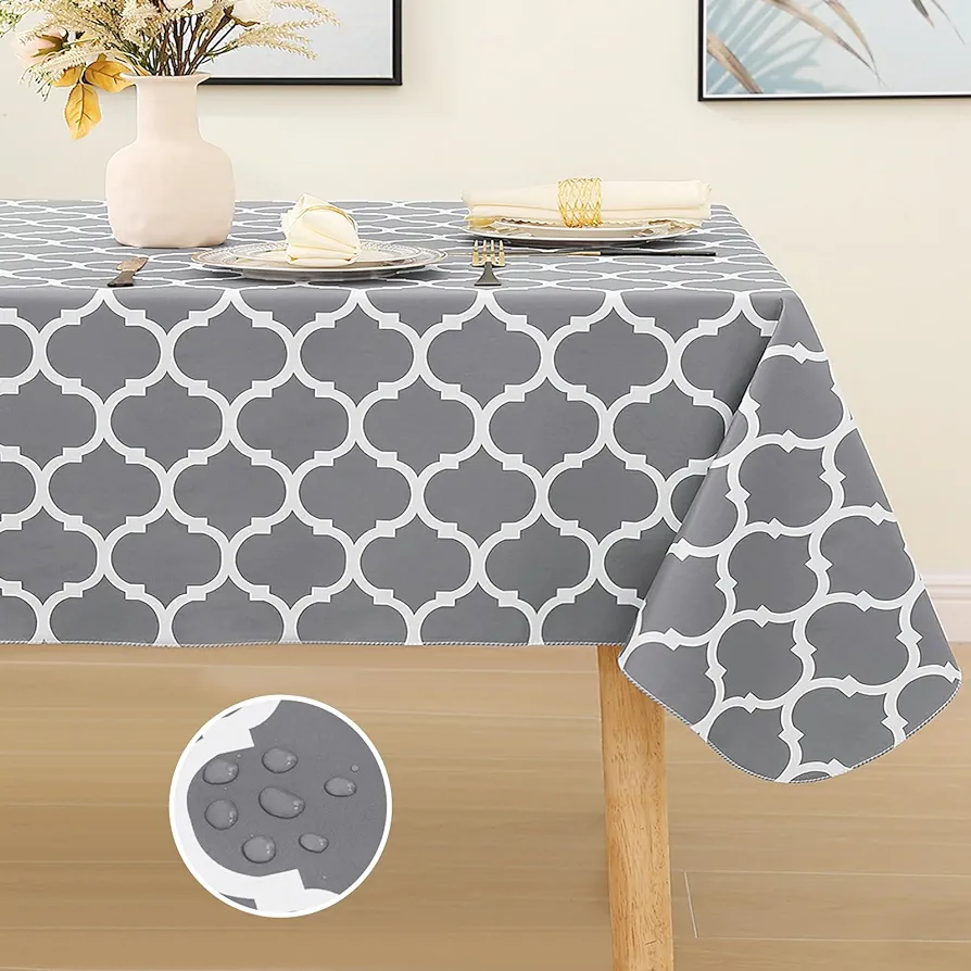 smiry Rectangle Tablecloth, Waterproof Vinyl Tablecloths with Flannel Backing for Rectangle Tables, Wipeable Spillproof Plastic Tablecloth for Dining, Camping, Indoor and Outdoor (60" x 84", Grey)