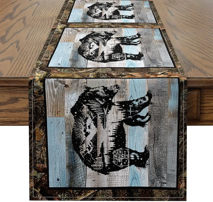 Erosebridal Hunting Bear Table Runner 13x108,Rustic Wood Rectangular Runner,Retro Farmhouse Dresser Runners,Country Style Table Runners,Vintage Lodge Tabletop Decor for Dining Living Room Bedroom