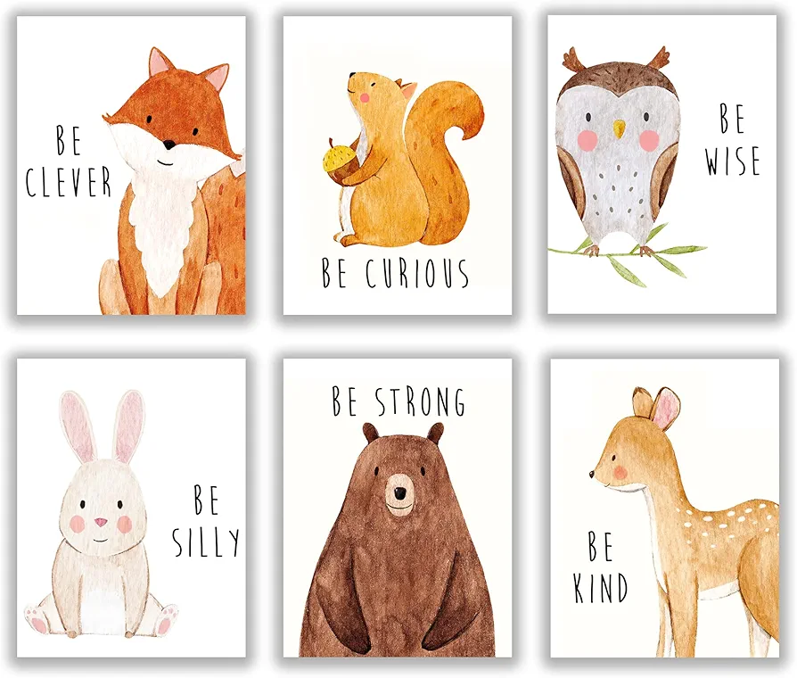 Set of 6 Baby Animal Nursery Wall Art Prints - Cute & Inspirational Decor for Baby Girls & Boys, Kids Room, Playroom, Nursery - Unframed 8x10 Inch Posters - Woodland Animal Nursery Decor