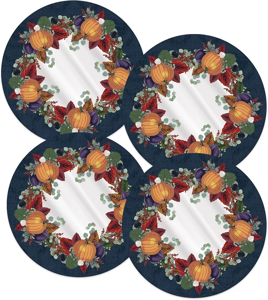 Beistle13 Round Plastic Autumn Fall Placemats for Dining Room, Harvest Theme Thanksgiving Dinnerware Party Decorations Supplies, Made in USA Since 1900, Navy/Purple/Red/Orange/Green, 4 Piece