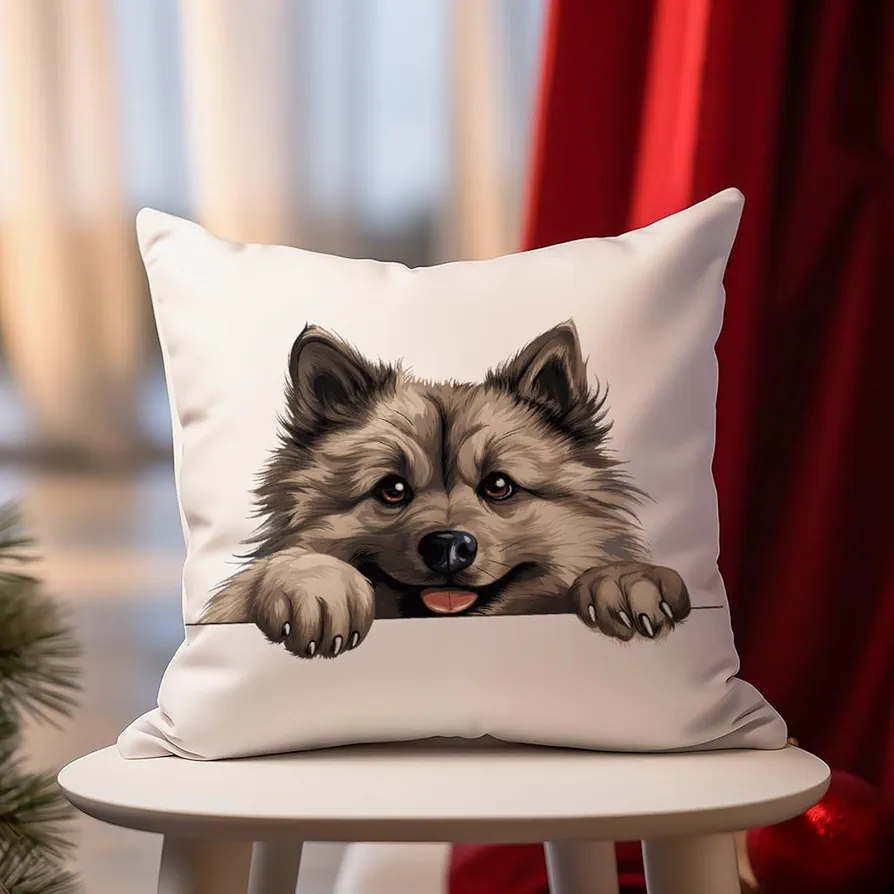 Keeshond Peeking Throw Pillow Case Puppy Doggy Pillow Case Dog Animal 22x22in Decorative Pillow Home Cotton Linen Square Cushion Cover for Sofa Bedroom Living Room Car