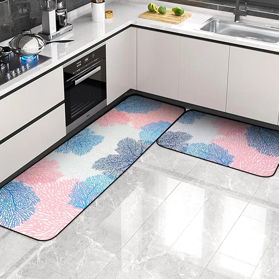 Kitchen Rug Sets 2 Pieces Non Slip Rugs Mats Runner Rug 17"x48"+17"x24" Washable for Floor Hallway Laundry Room Doormat Standing Mat Carpet Home Pink Blue Coral