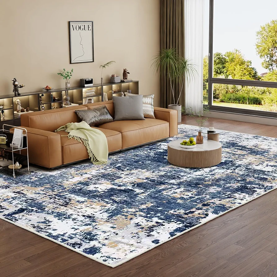 Vamcheer Washable Abstract Area Rug - Contemporary Style for Living Room, Bedroom, Kitchen - Machine Washable Rug for Living Room - Non-Shedding and Easy-Cleaning - Dark Blue 6x9 ft