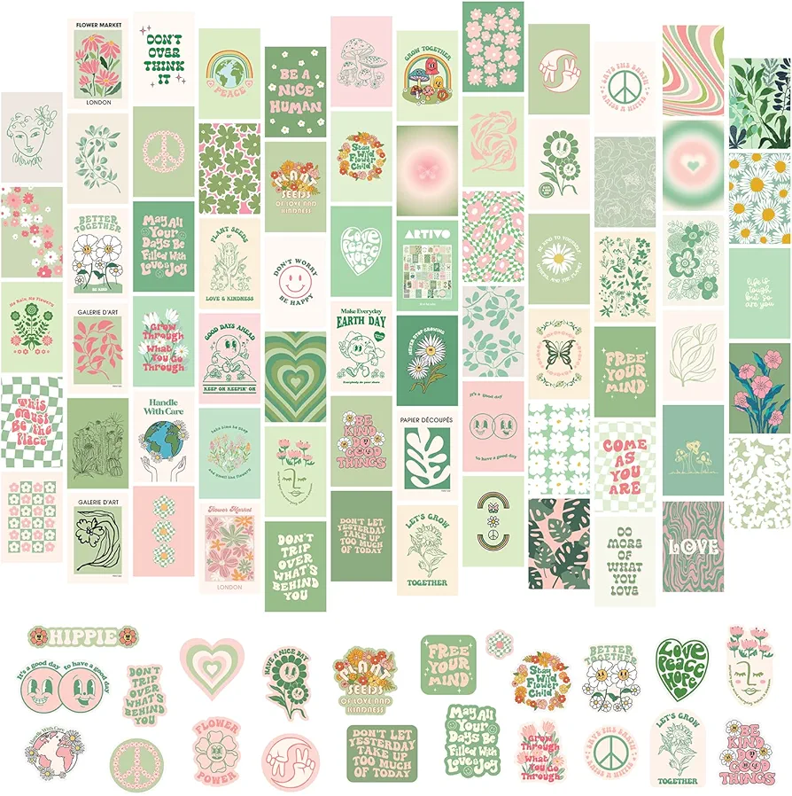 Sage Green Room Decor Aesthetic 70pcs, Green Wall Collage Kit Aesthetic Pictures for Teen Girls, Preppy Posters for Girls Room, Danish Pastel Aesthetic Wall Decor, Pastel Bedroom Decor