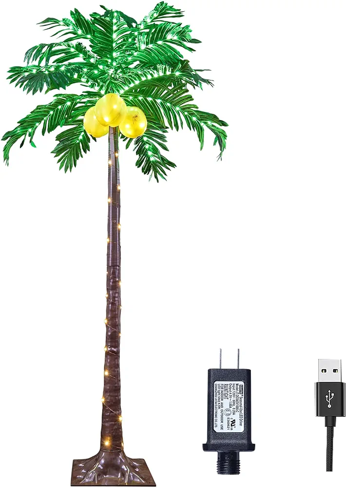 Lightshare 5FT Lighted Palm Tree 208 Warm White LED Artificial Greenery with Lights with USB & Adapter Patio Pool Tiki Decor Indoor Outdoor