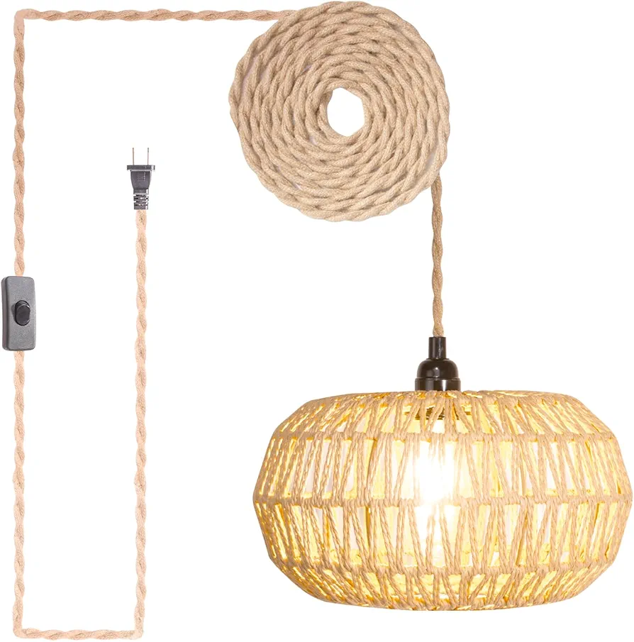 Plug in Pendant Light Rattan Hanging Lights with Plug in Cord 16.4FT Hemp Rope Cord Lamp Shade,Plug in Retro Hanging Lamp Fixtures for Kitchen,Farmhouse,Bedroom Living Room(without Bulb)