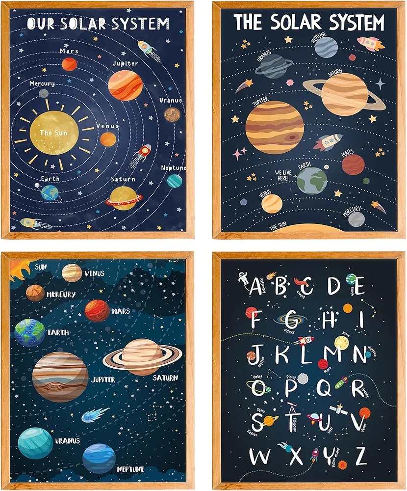 BearCake Space Nursery Decor, Space Wall Decor, Solar System Outer Space Planet Alphabet Poster Prints Wall Art Decor for Classroom Toddler Kids Room Playroom Nursery, 8x10 Inches Set of 4 Unframed