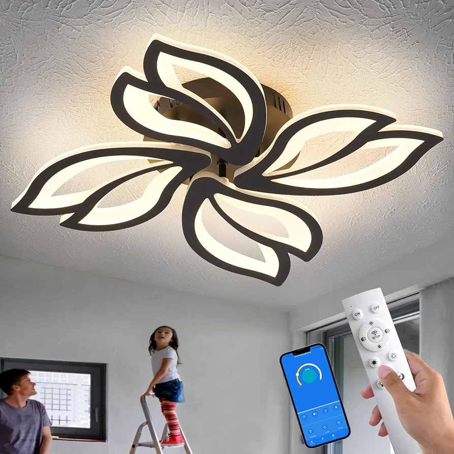 Modern Black Ceiling Light Fixture, 24" Flower Dimmable LED Light Fixtures, Low Profile Flush Mount Ceiling Light with Remote Control for Bedroom, Kitchen, Living Room