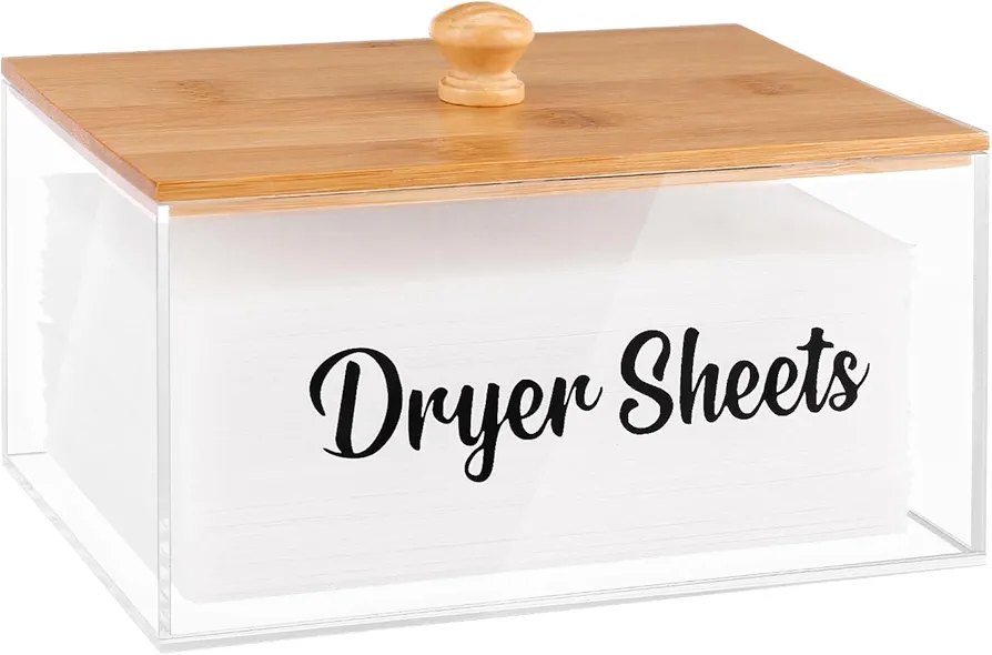 VOTLEVT Acrylic Dryer Sheet Holder with Bamboo Lid,Laundry Dryer Sheet Container and Dispenser for Laundry Room, Fabric Sheet Holder Laundry Organizer