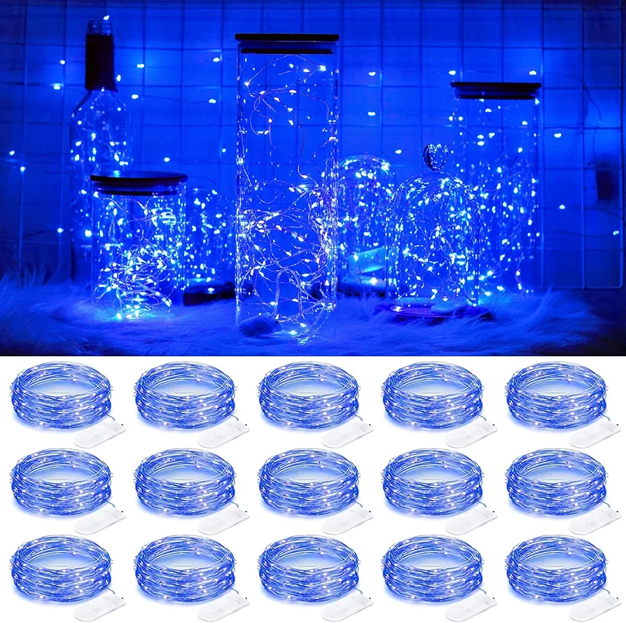 Fairy Lights Battery Operated Starry Firefly Silvery Wire String Lights 15 Pack 7.2ft 20 LED Jar Table Centerpiece for Wedding Christmas Halloween Party Decoration (Blue)