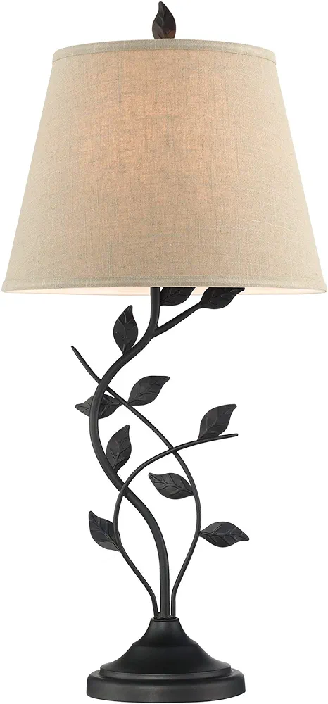 Kira Home Ambrose 31" Traditional Rustic Table Lamp + Beige Fabric Shade, Leaf Detailed Body, 7W LED Bulb (Energy Efficient, Eco-Friendly), Matte Black Finish