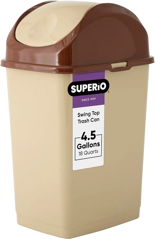 Superio Medium Trash Can with Lid 4.5 Gallon Plastic Swing Top Garbage Can Slim Waste Bin for Under Sink/Cabinet, Laundry Room, Kitchen, Office, Bedroom, Bathroom, College Dorm, 18 Qt, Beige