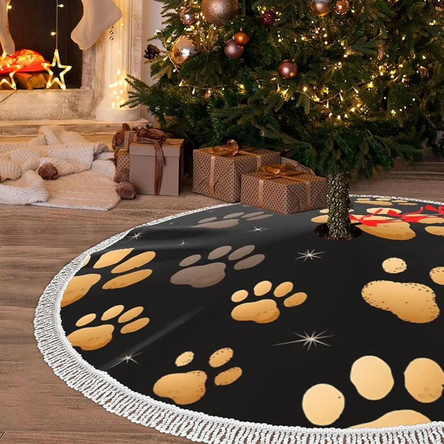 Christmas Tree Skirt with Tassel Dog Paw Print 36" Xmas Tree Skirts Tassel Tree Mat Ornament for Home Indoor Outdoor Room Holiday Decoration